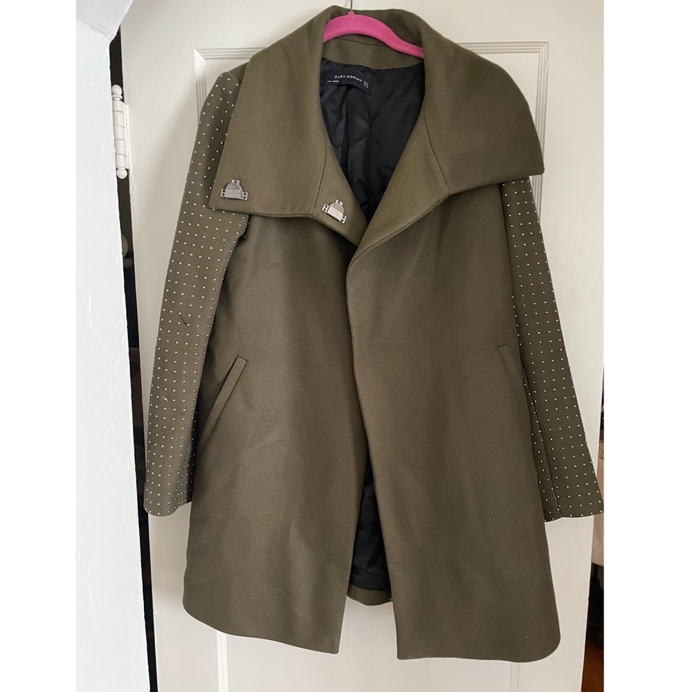 Zara Military Green Wool Jacket with Studded Sleeves